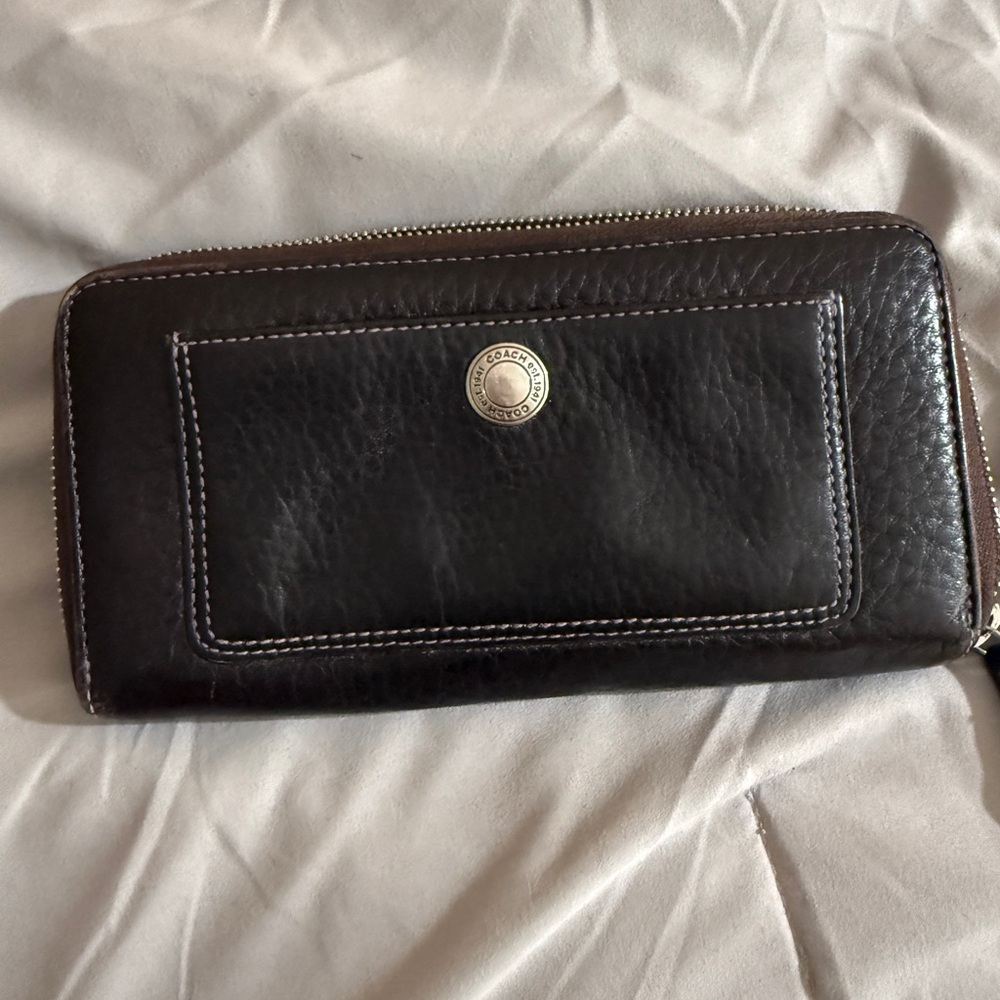 Coach Brown Leather Zip Wallet with Exterior Snap Pocket